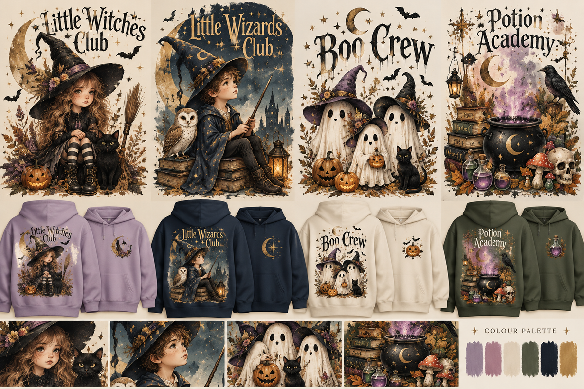 Little Halloween Magic original four-design collage with hoodie mock-ups