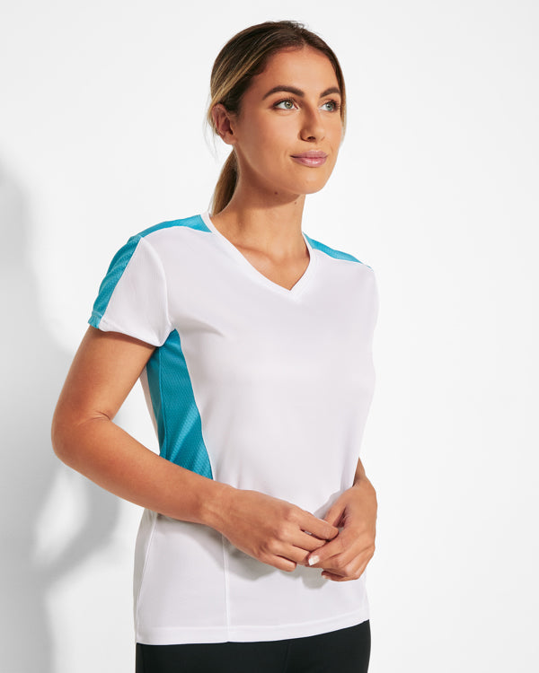 Women's V-Neck Short-Sleeve Technical t-shirt - White and Turquoise