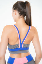 Load image into Gallery viewer, MLK Grey Sports Bra with blue and pink strap detail