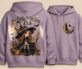 Little Witches Club original Halloween artwork on Lavender hoodie, front and back mock-up