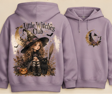Little Witches Club original Halloween artwork on Lavender hoodie, front and back mock-up