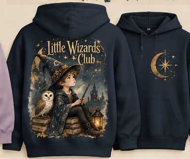 Little Wizards Club original Halloween artwork on Oxford Navy hoodie, front and back mock-up