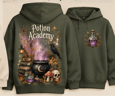 Potion Academy original Halloween artwork on Dusty Green hoodie, front and back mock-up