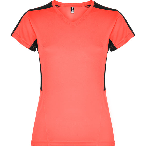 Women's V-Neck Short-Sleeve Technical t-shirt - Coral Pink and Black
