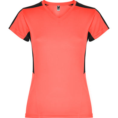 Women's V-Neck Short-Sleeve Technical t-shirt - Coral Pink and Black