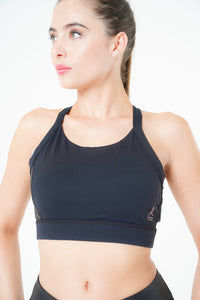 MLK Black Sports Bra Top with  Leather detailing on side