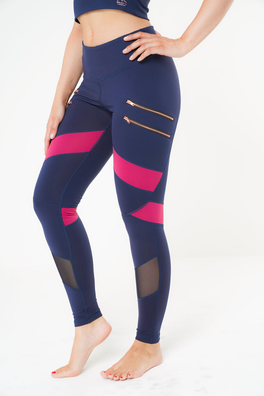 MLK Full Length Navy and Pink Leggings with  Double zip detail and mesh on front calf