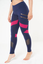 Load image into Gallery viewer, MLK Full Length Navy and Pink Leggings with  Double zip detail and mesh on front calf