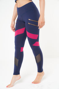 MLK Full Length Navy and Pink Leggings with  Double zip detail and mesh on front calf