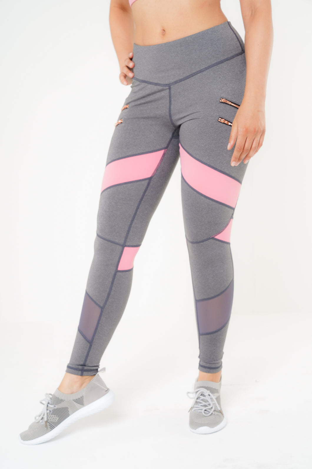 MLK Full Length Grey Leggings with Double Zip Detail and Pink Panel
