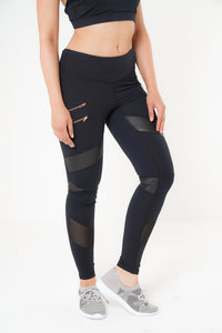 MLK Full Length Black Leggings with Double Zip Detail and Mesh on Front Calf